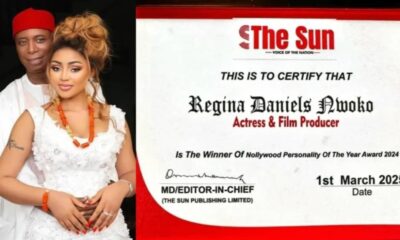 Sun Award: Senator.Ned Nwoko Congratulates Wife, Regina