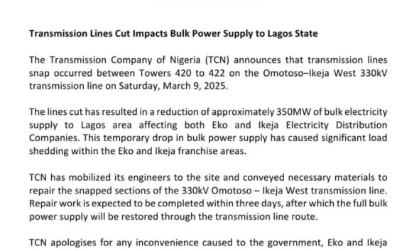 Transmission Lines Cut Impacts Bulk Power Supply To Lagos State