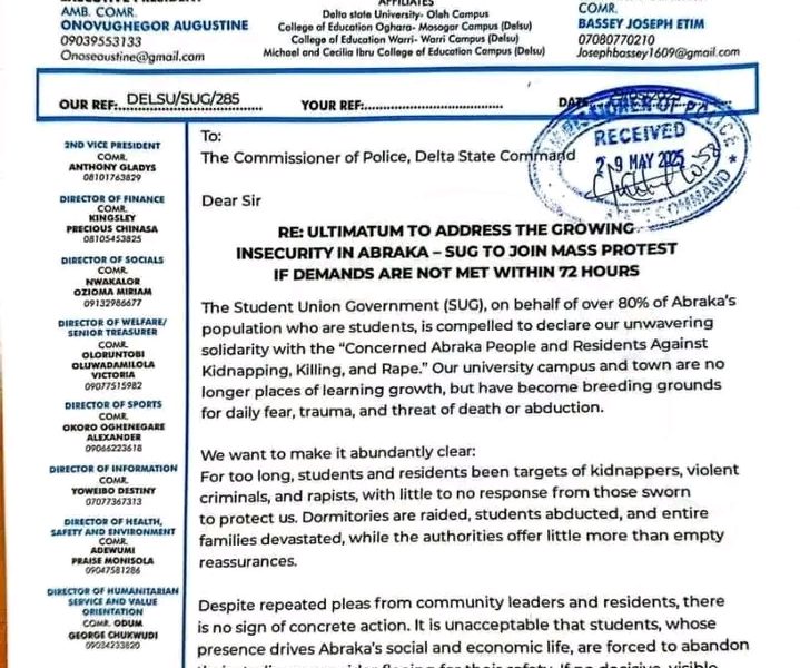 DELSU SUG Demands Sanity Be Restored In Abraka Within 72 Hours