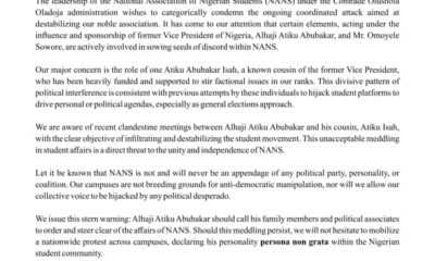 NANS Warns Atiku Abubakar, Omoyele Sowore Not To Destabilise Association