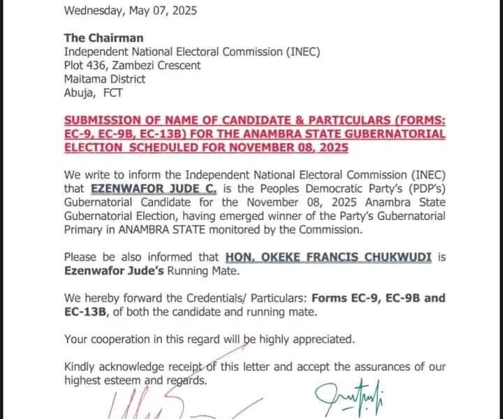 Anambra Governorship Candidate Nomination Form Signed By Acting National Secretary Arch. Koshoedo - PDP NWC Clears Air