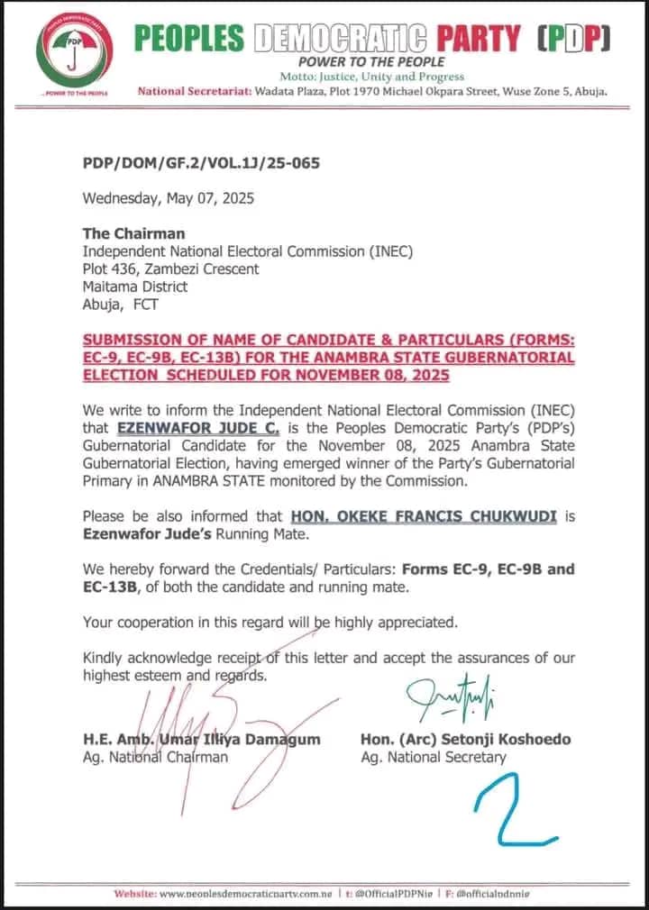 Anambra Governorship Candidate Nomination Form Signed By Acting National Secretary Arch. Koshoedo - PDP NWC Clears Air