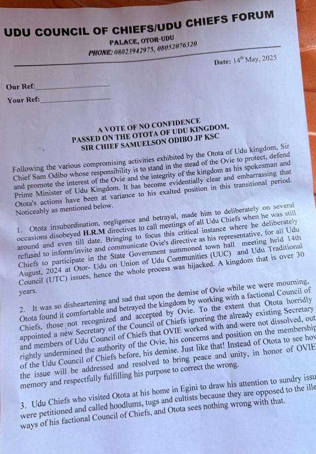 BREAKING: Udu Traditional Council of Chiefs Suspend Otota Over Alleged Compromise