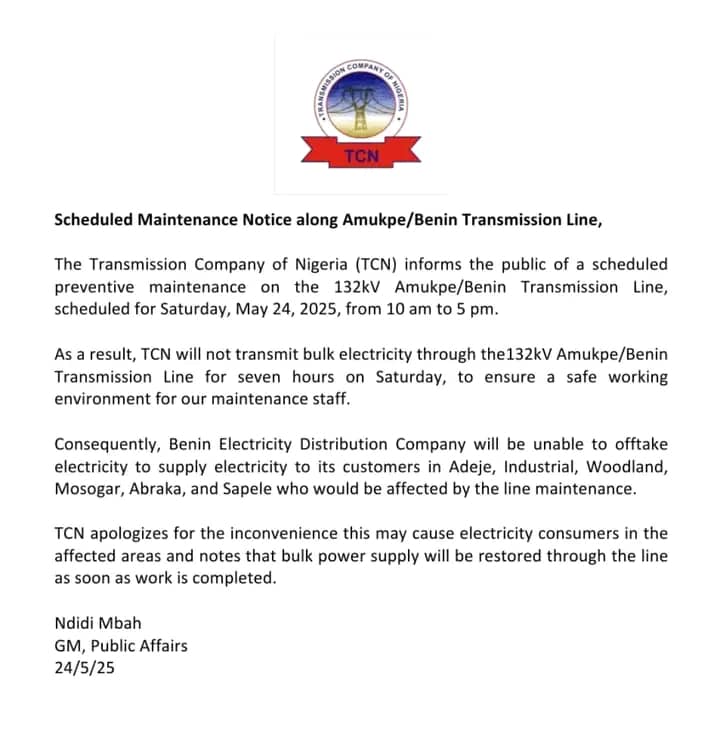 JUST IN: TCN Announces Scheduled Maintenance Notice Along Amukpe/Benin Transmission Line