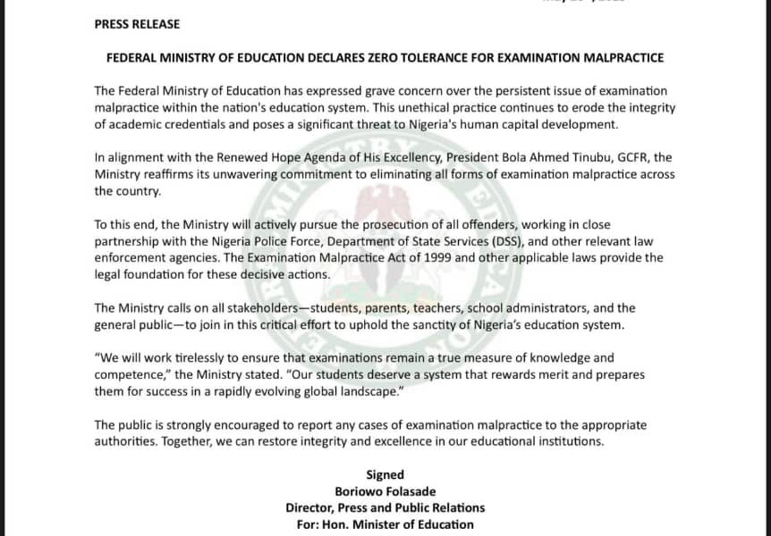 Federal Ministry Of Education Declares Zero Tolerance For Examination Malpractice