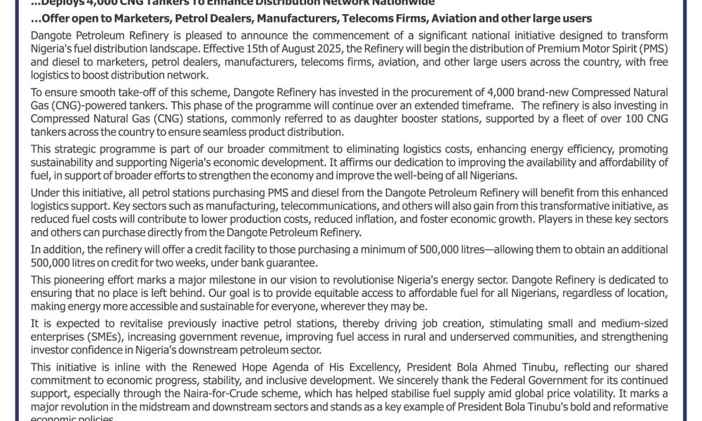 Dangote Petroleum Refinery To Begin Distribution Of PMS, Diesel Nationwide