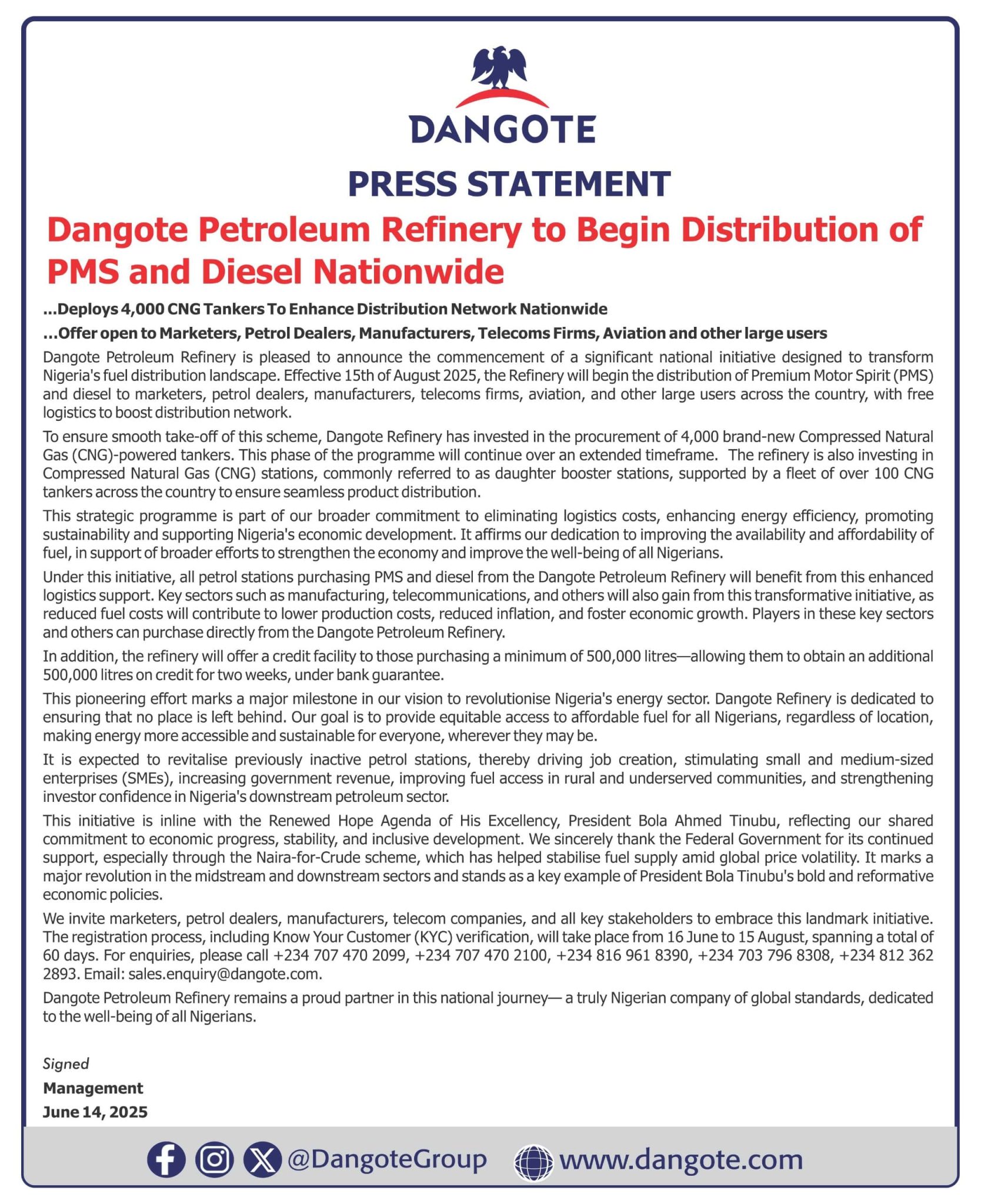 Dangote Petroleum Refinery To Begin Distribution Of PMS, Diesel Nationwide