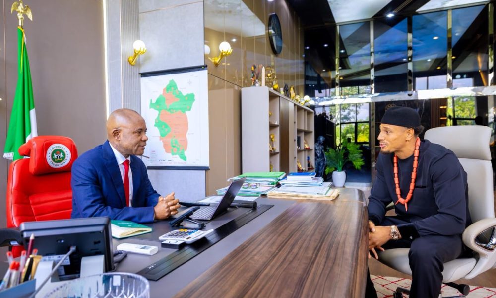 Governor Mbah Receives Super Eagles Goalkeeper Maduka Okoye, Appoints Him Enugu State Ambassador