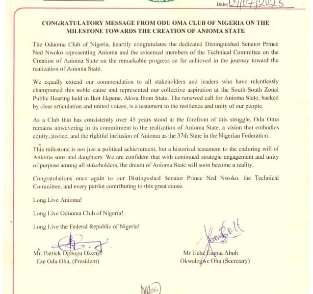 Anioma State: Odu Oma Club Lauds Senator Ned Nwoko, Technical Committee