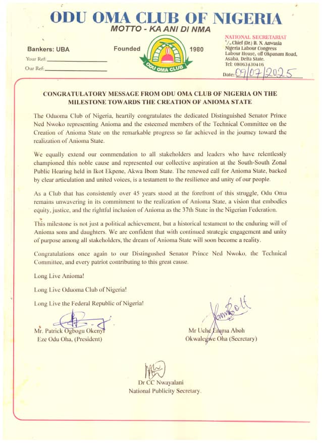 Anioma State: Odu Oma Club Lauds Senator Ned Nwoko, Technical Committee