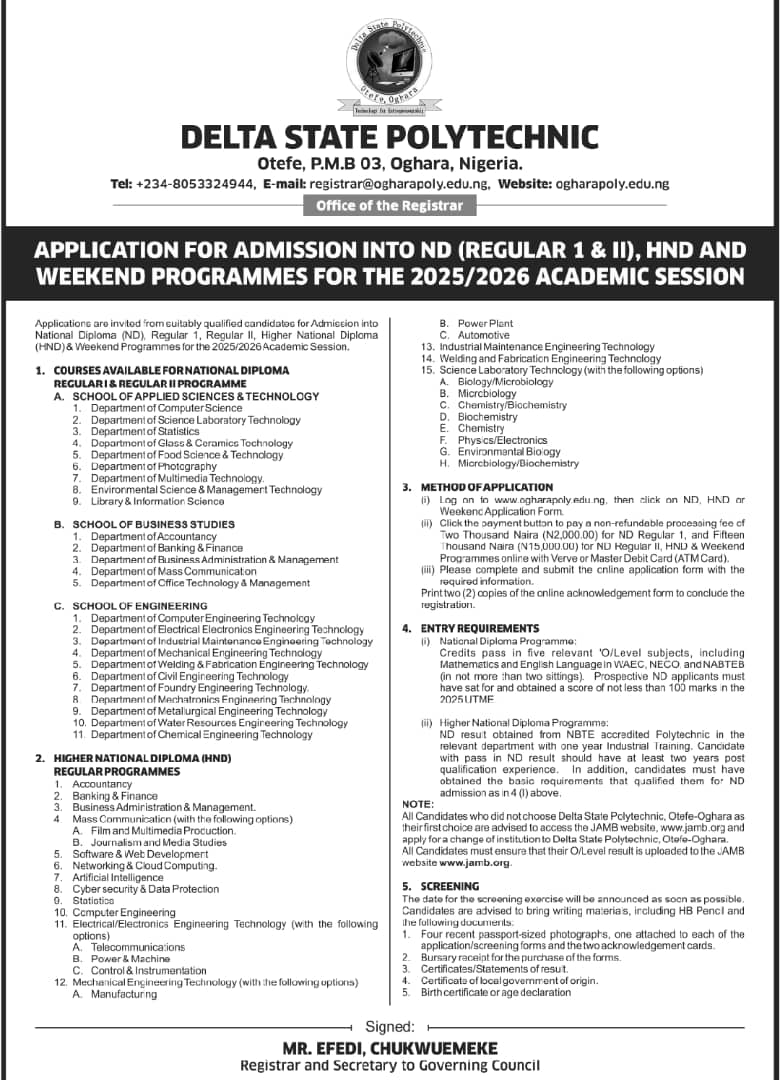 2025/2026 Academic Session: See Requirements, How To Apply For Admission To Delta State Polytechnic, Otefe