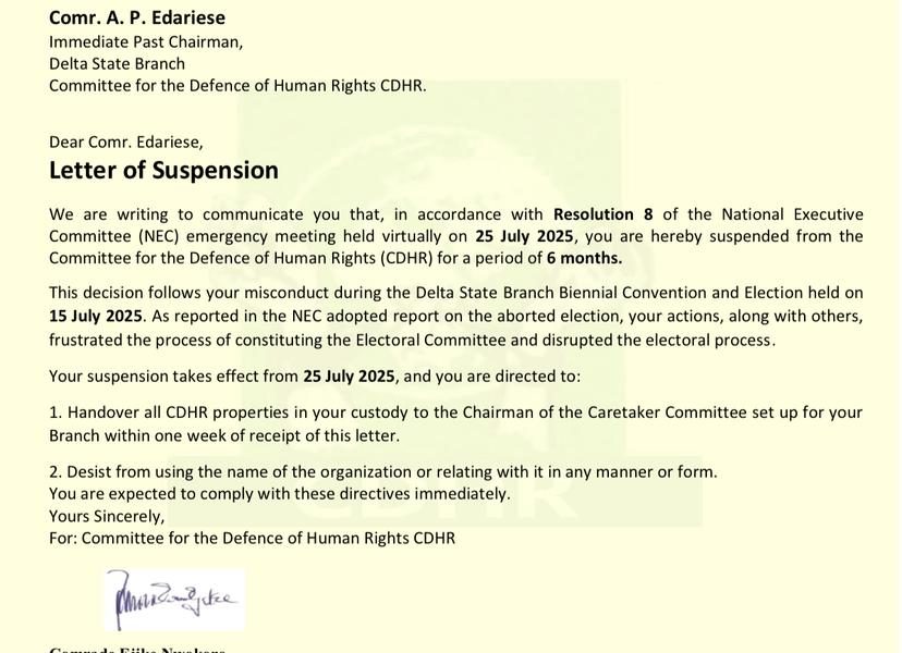 CDHR Suspends Immediate Past Delta Chairman, Sets Up 3-Member Caretaker Committee