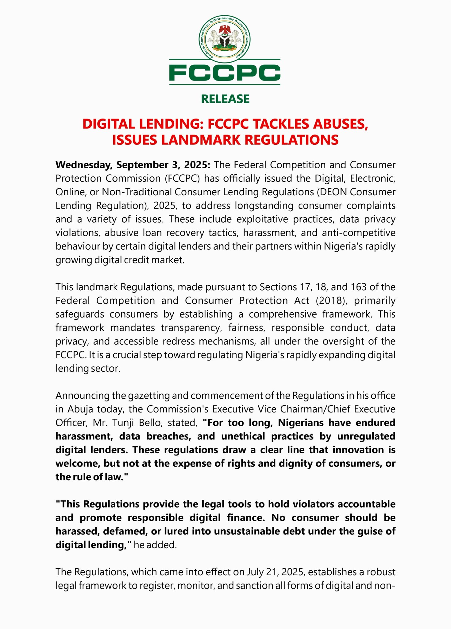 Digital Lending: FCCPC Tackles Abuses, Issues Landmark Regulations
