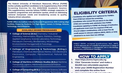 FUPRE Opens Supplementary Post-UTME Screening For 2025/2026 Admission