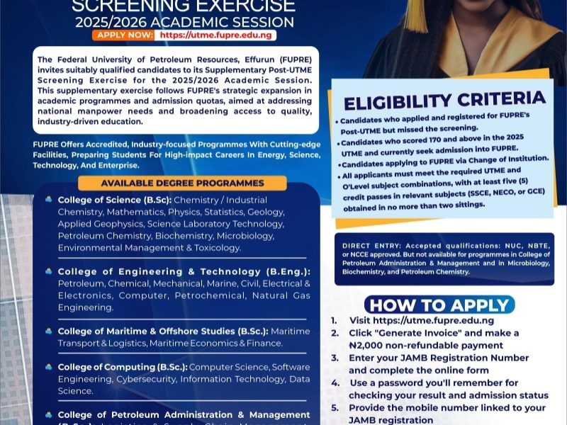 FUPRE Opens Supplementary Post-UTME Screening For 2025/2026 Admission