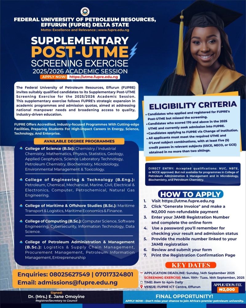 FUPRE Opens Supplementary Post-UTME Screening For 2025/2026 Admission