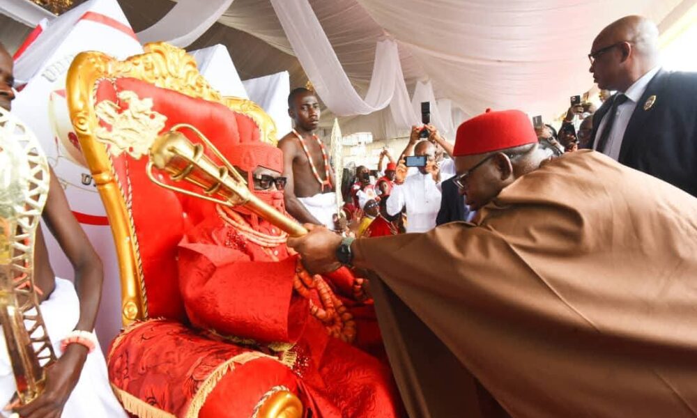 Senator Dafinone Congratulates Ovie Of Udu Kingdom, As Gov. Oborevwori Presents Staff Of Office To Monarch