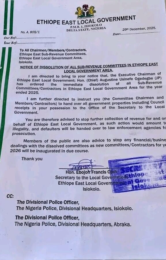 Ogedegbe Dissolves Revenue Committees, Revenue Contractors In Ethiope East LGA