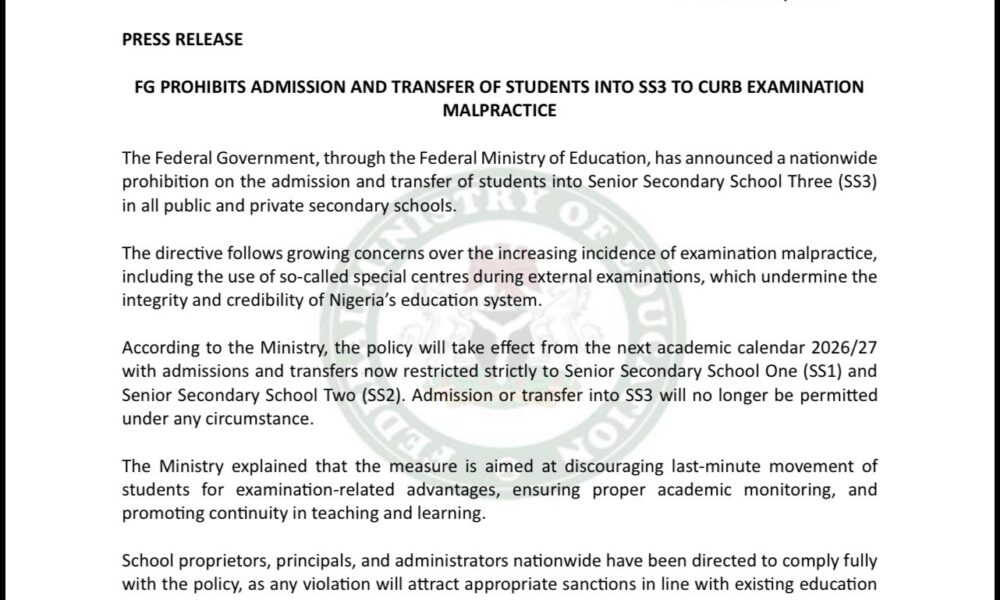 FG Prohibits Admission, Transfer Of Students Into SS3 To Curb Examination Malpractice