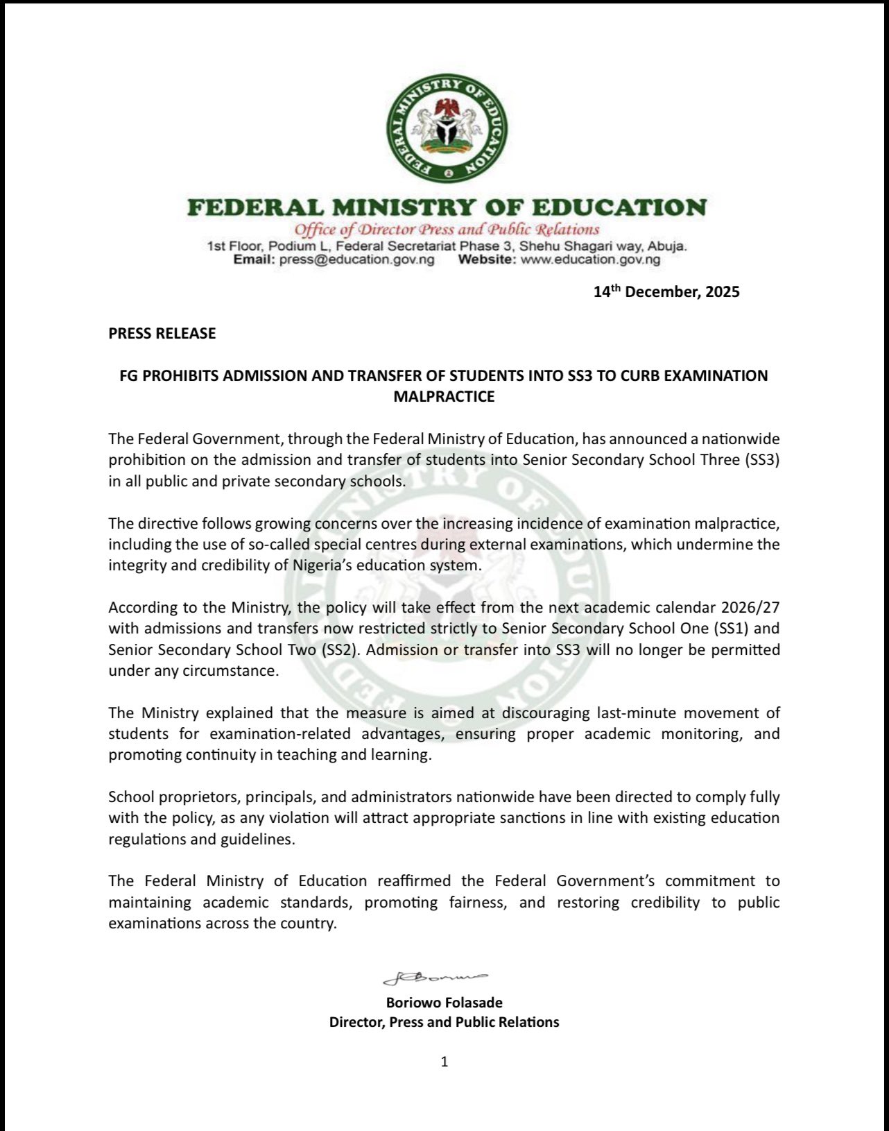FG Prohibits Admission, Transfer Of Students Into SS3 To Curb Examination Malpractice