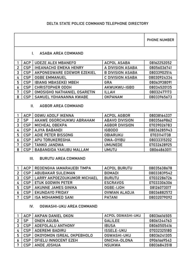 Delta State Police Command Publishes Official Contact Numbers Of Area Commanders, DPOs, Tactical Commanders