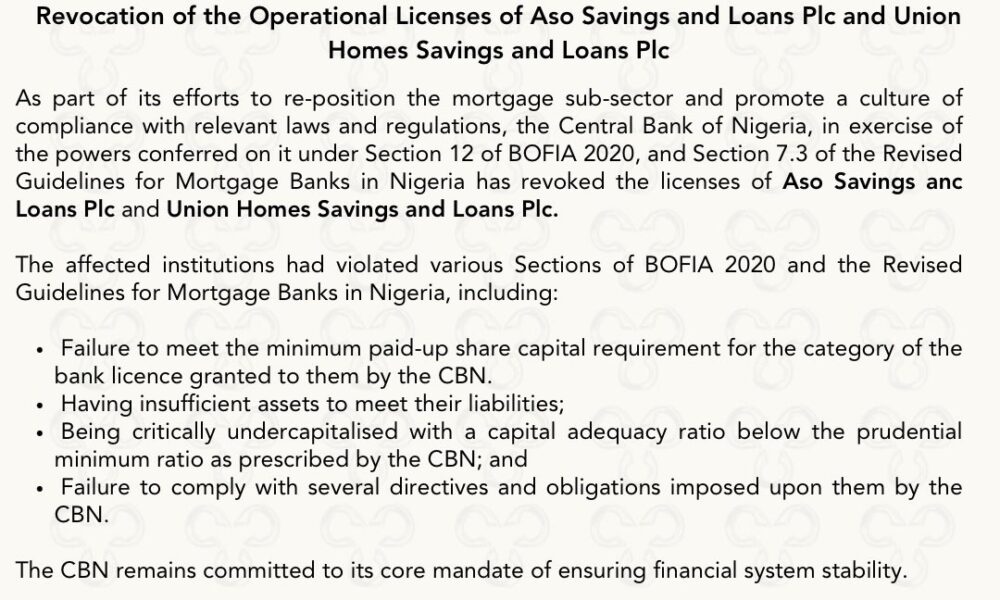 CBN Revokes Operational Licenses Of Aso Savings And Loans Plc, Union Homes Savings And Loans Plc