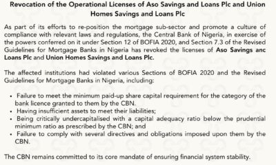 CBN Revokes Operational Licenses Of Aso Savings And Loans Plc, Union Homes Savings And Loans Plc