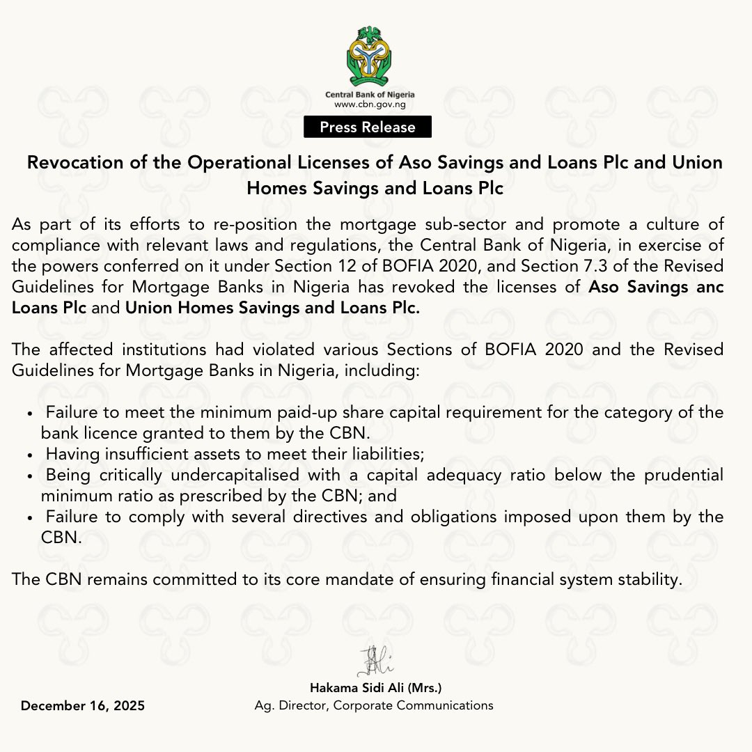 CBN Revokes Operational Licenses Of Aso Savings And Loans Plc, Union Homes Savings And Loans Plc