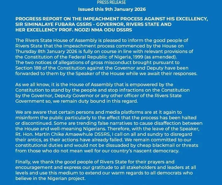 Impeachment Process Against Fubara, Deputy, Fully On Course -- Rivers State House Of Assembly