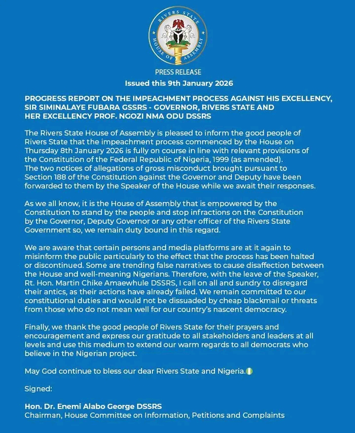 Impeachment Process Against Fubara, Deputy, Fully On Course -- Rivers State House Of Assembly