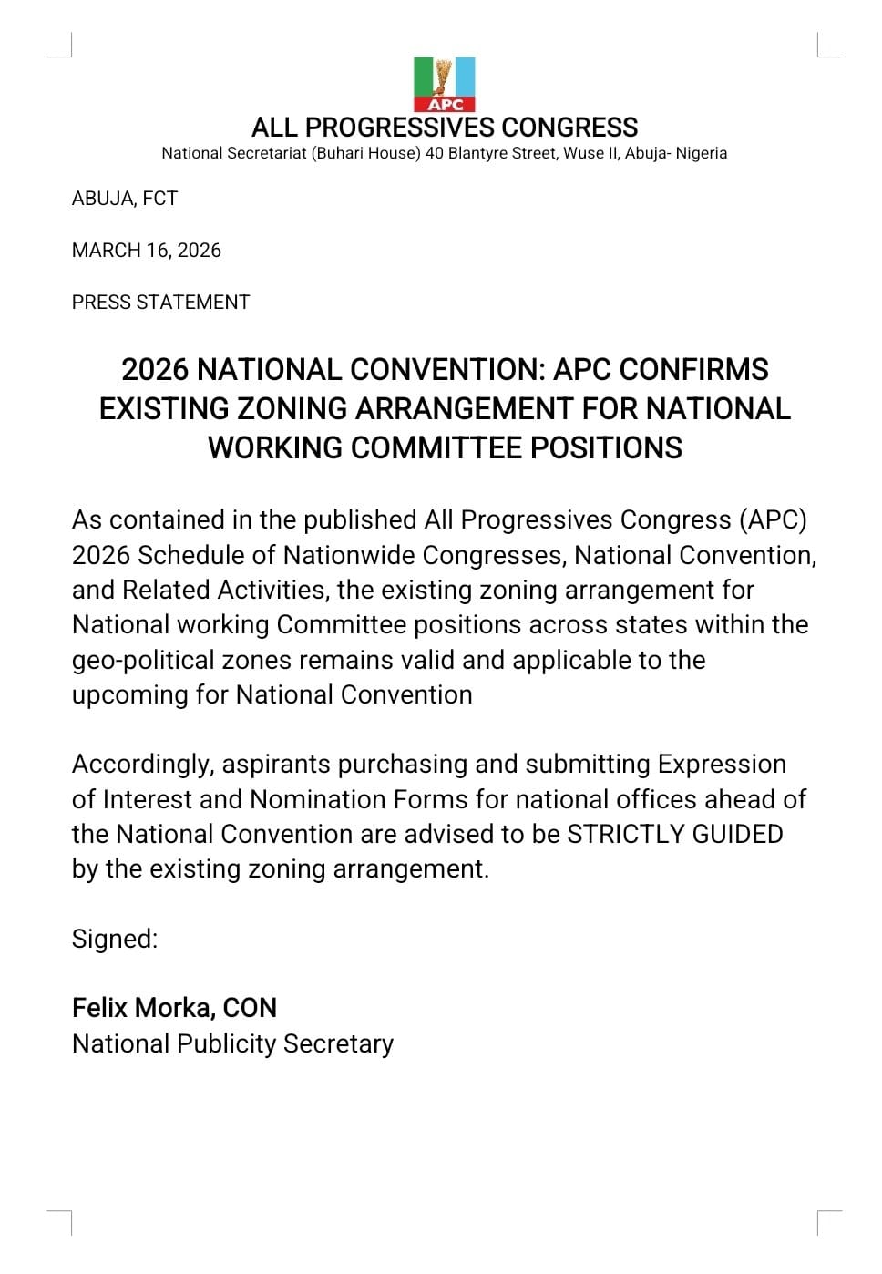 APC Upholds Existing Zoning Formula For NWC Positions Ahead Of 2026 National Convention