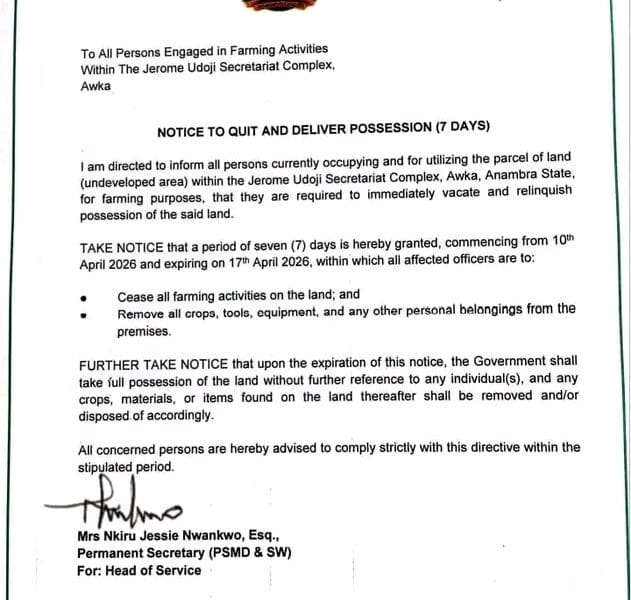 Anambra State Government Orders 7-Day Quit Notice For Jerome Udoji Secretariat Farmers
