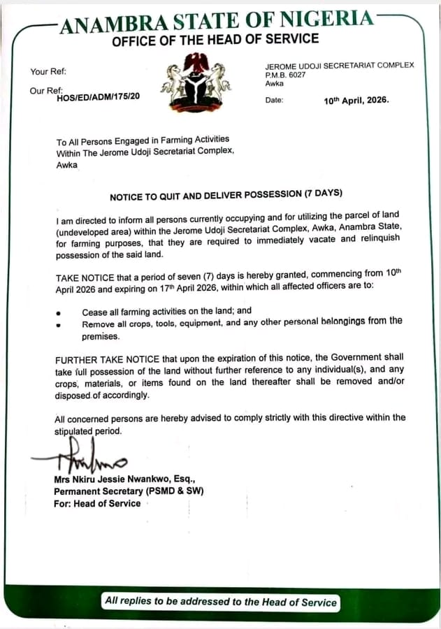 Anambra State Government Orders 7-Day Quit Notice For Jerome Udoji Secretariat Farmers