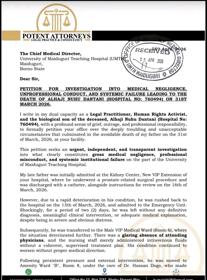 Lawyer Petitions UMTH Over Alleged Negligence, Demands Probe into Father’s Death