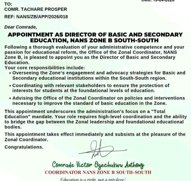 NANS Zone B South-South Appoints Director Of Basic And Secondary Education