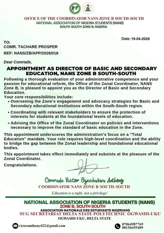 NANS Zone B South-South Appoints Director Of Basic And Secondary Education