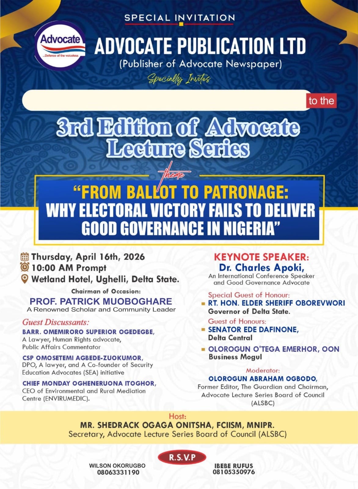 Advocate Publication To Host 3rd Lecture Series On Governance Challenges In Nigeria Thursday