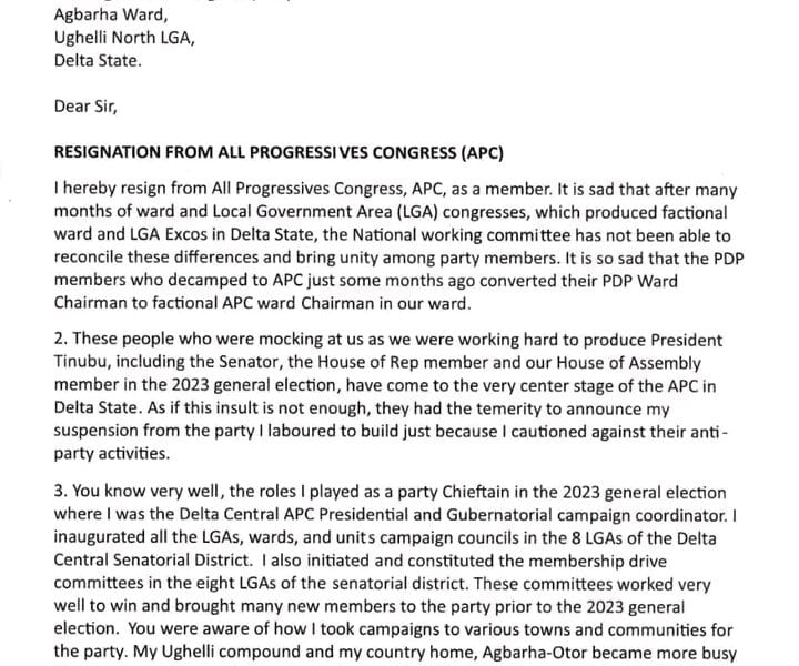 APC Chieftain, Obiuwevbi, Resigns Over Party Crisis In Delta