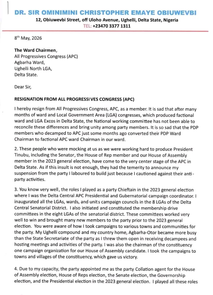 APC Chieftain, Obiuwevbi, Resigns Over Party Crisis In Delta