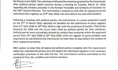 2027 Elections: INEC Confirms Submission Of Membership Registers By All 22 Political Parties