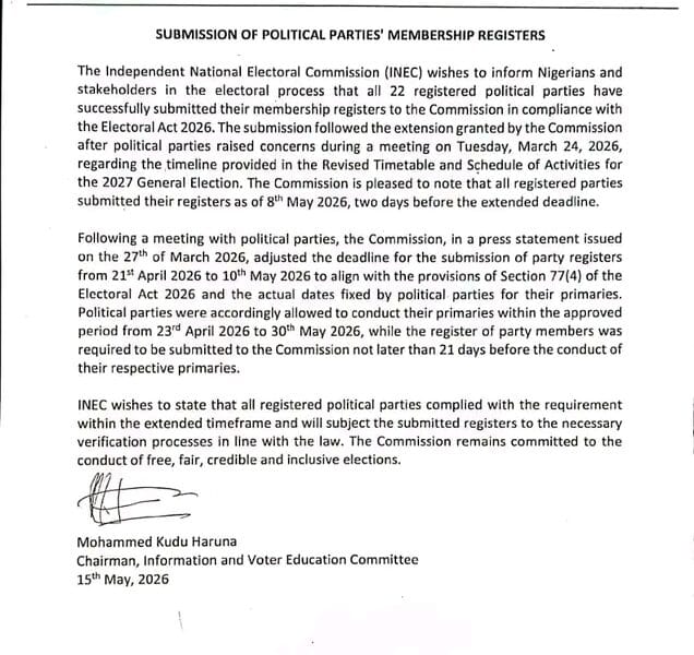 2027 Elections: INEC Confirms Submission Of Membership Registers By All 22 Political Parties