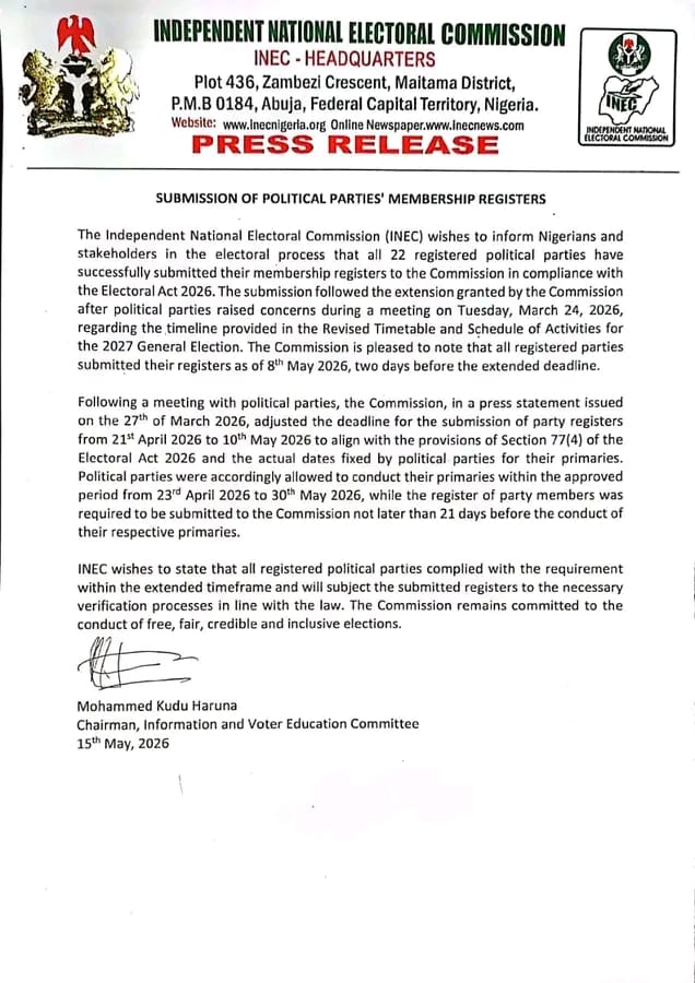 2027 Elections: INEC Confirms Submission Of Membership Registers By All 22 Political Parties