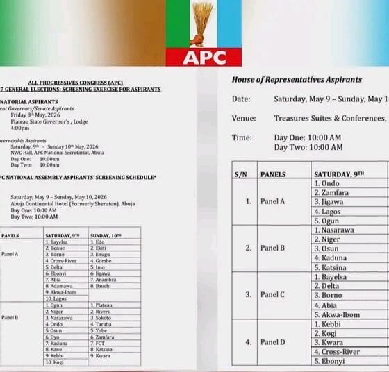 APC Unveils Detailed Screening Schedule For National Assembly, Governorship Aspirants