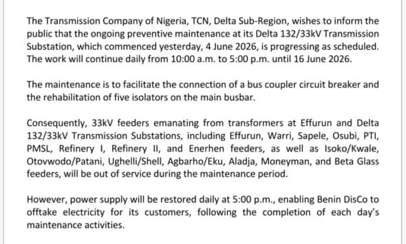 TCN Maintenance Disrupts Power Supply Across Delta Communities