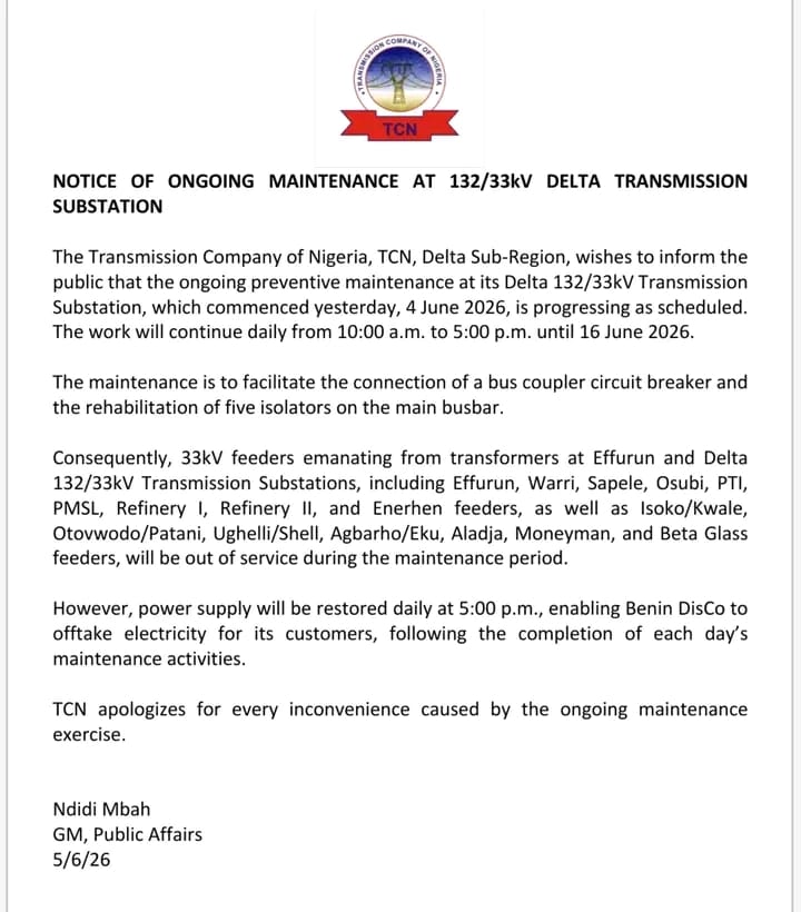 TCN Maintenance Disrupts Power Supply Across Delta Communities