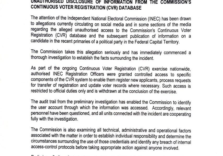 CVR Data Controversy: INEC, DSS Investigate Unauthorised Release Of Voter Information