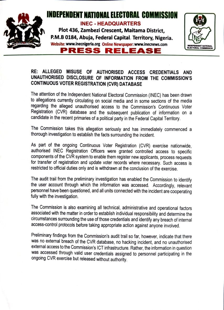 CVR Data Controversy: INEC, DSS Investigate Unauthorised Release Of Voter Information