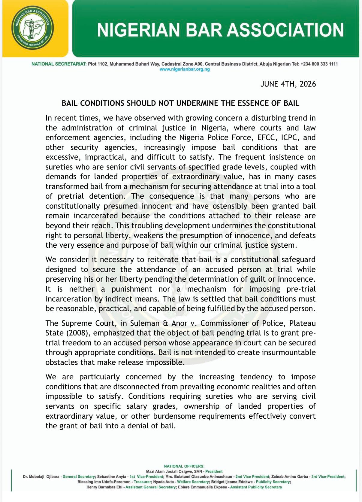 NBA Raises Alarm Over Stringent Bail Conditions, Says Practice Undermines Justice