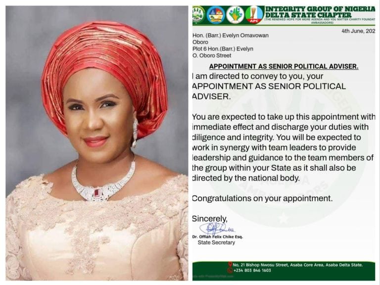 Integrity Group Appoints Evelyn Oboro As Senior Political Adviser In Delta