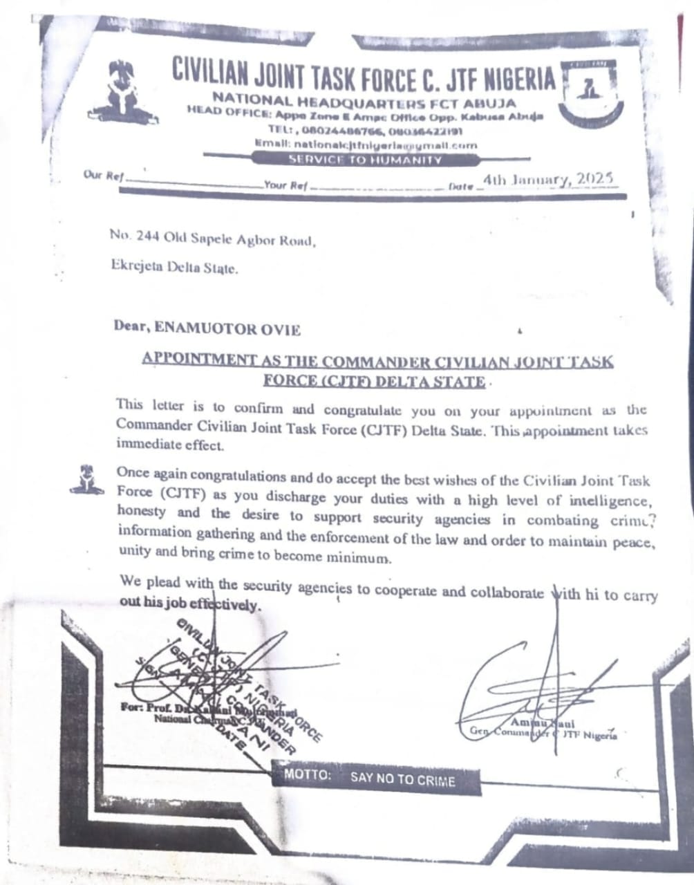 CJTF Dismisses Ex-Delta Commander, Backs Ovie's Appointment Amid Impersonation Claims
